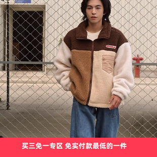 SENCE LA 撞色拼接羊羔绒开衫logo宽松加绒加厚夹克冬男女情侣款