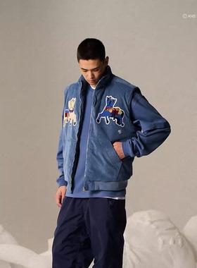 ANB / 灯芯绒肌理双头马贴布刺绣新雪丽棉雾霾蓝色马甲