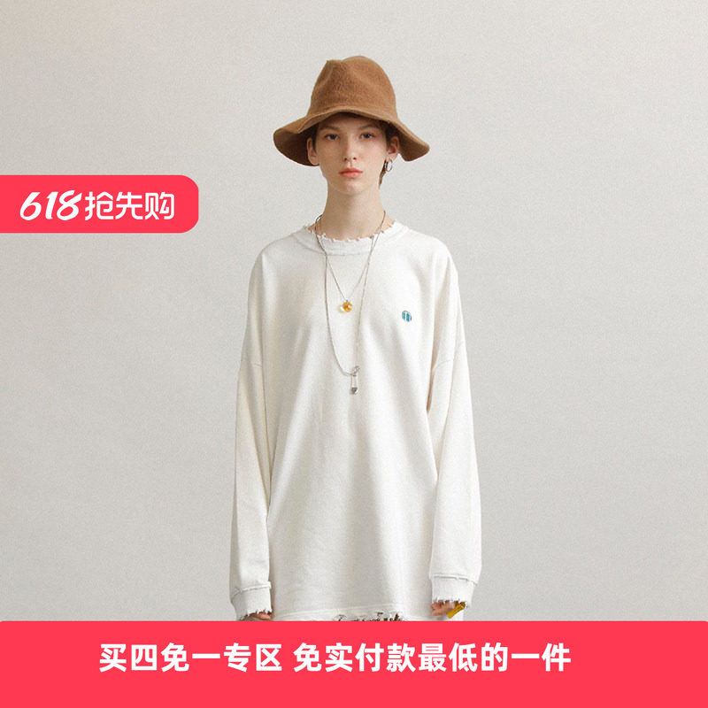 UNVESNO 潮牌复古做旧纯色日系潮牌基础款情侣打底衫长袖套头卫衣