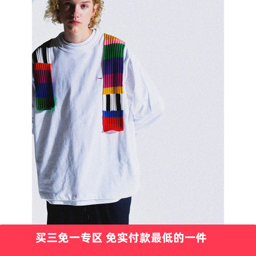 撞色拼接设计刺绣长袖T恤