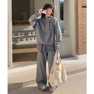 两件套 女春秋甜妹休闲运动连帽卫衣长裤 假两件格纹拼接阔腿裤 套装