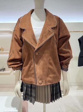 CI代购25秋冬S家老钱风机车风廓形翻领棕色夹克外套SFPBL01216