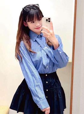CI代购M家折扣26春夏烫钻工艺蝴蝶结系带条纹短款衬衫MFPCM00711