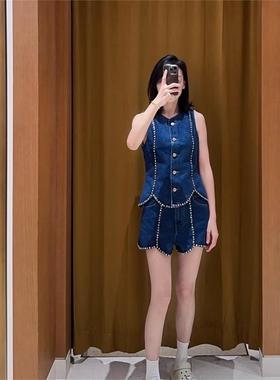 CI代购S家25秋冬棉甜美花瓣下摆单排扣牛仔马甲SFPTO00837