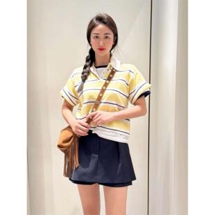 女MFPPU01016 针织T恤衫 CI代购 M家26春夏撞色条纹学院风polo领短袖