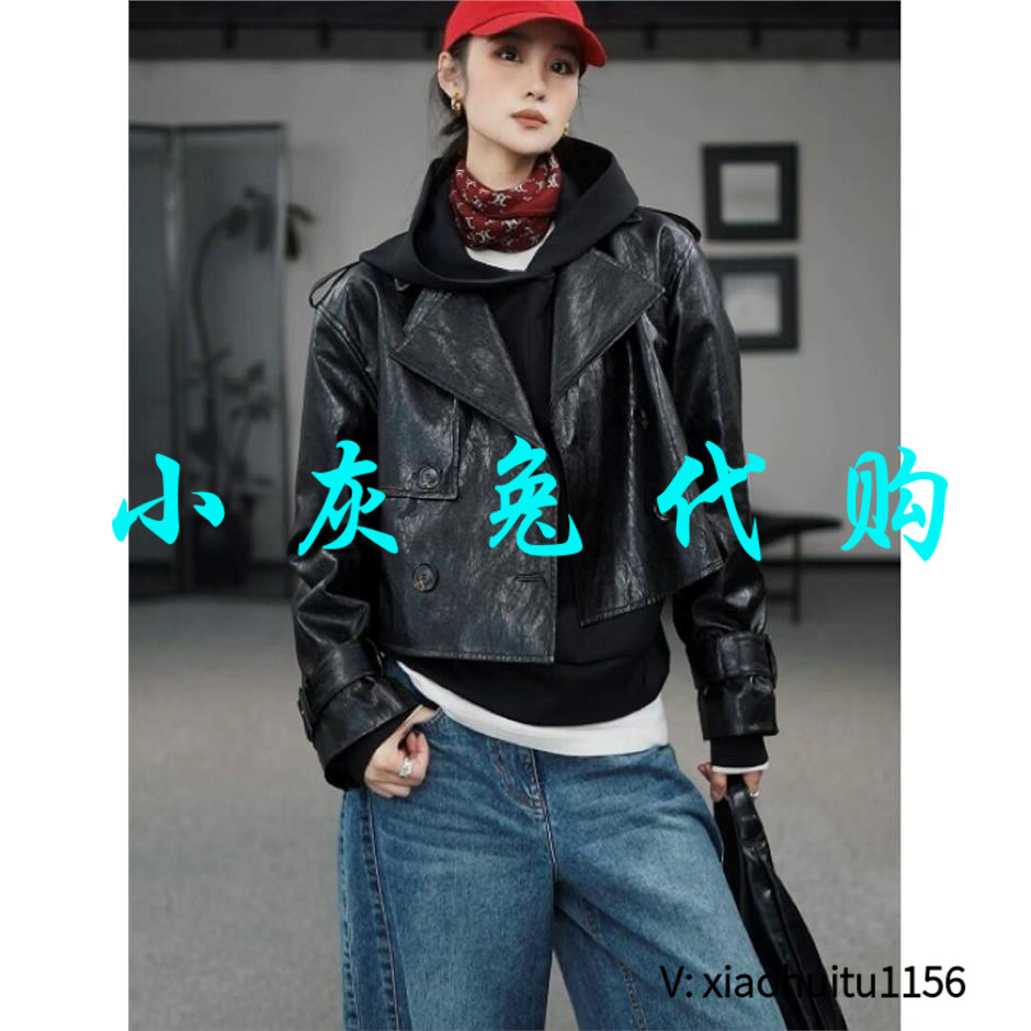 小灰兔专柜正品代购英伦风双排扣PU皮衣女短款机车风黑色外套气质