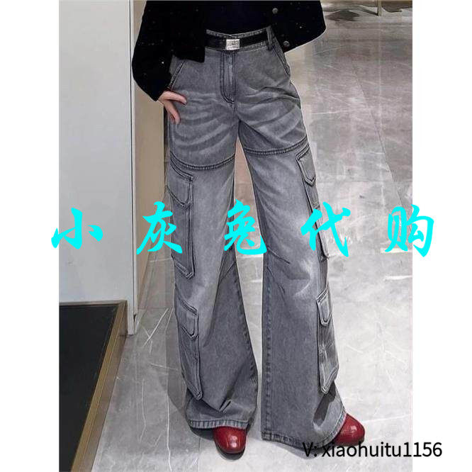 小灰兔正品代购口袋水洗牛仔裤女阔腿直筒裤做旧灰色长裤子510091