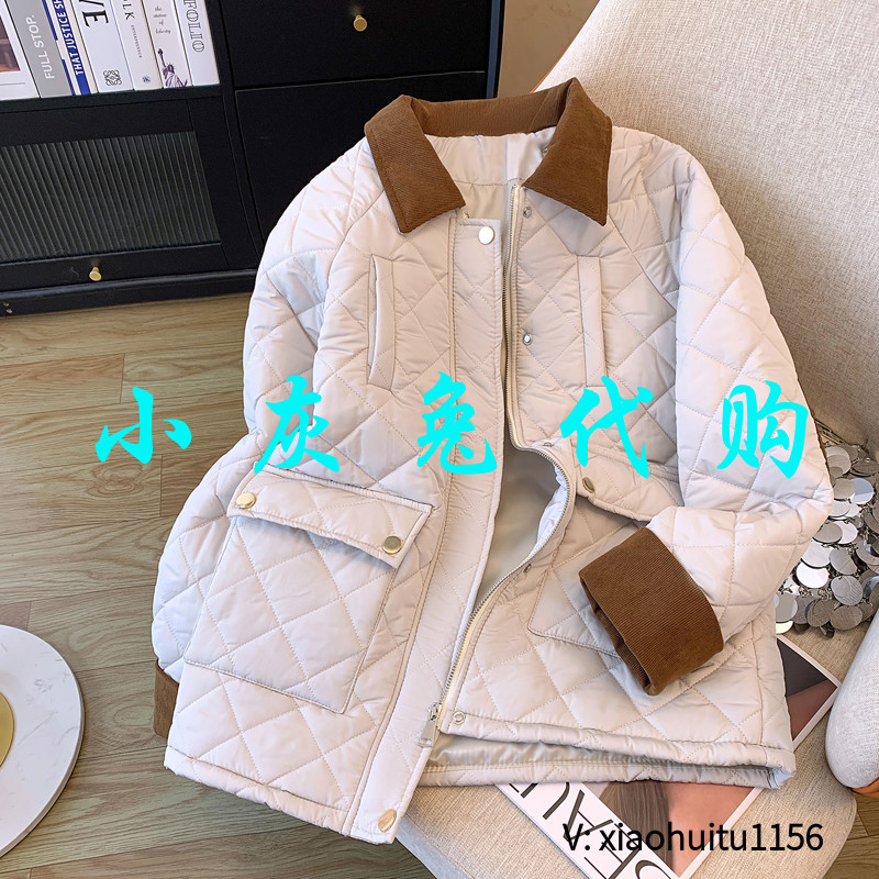 小灰兔专柜正品代购翻领宽松双口袋拼接撞色菱格棉服9600830