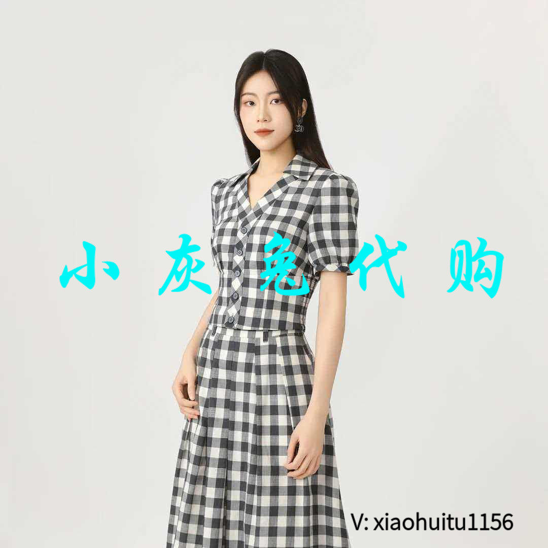 小灰兔专柜正品代购2026夏格子显瘦收腰短袖衬衫 130071-1K17221