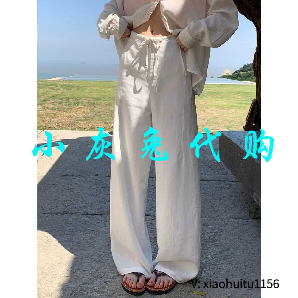 小灰兔专柜正品代购2026夏款宽松显瘦系带高腰亚麻窄版阔腿休闲裤