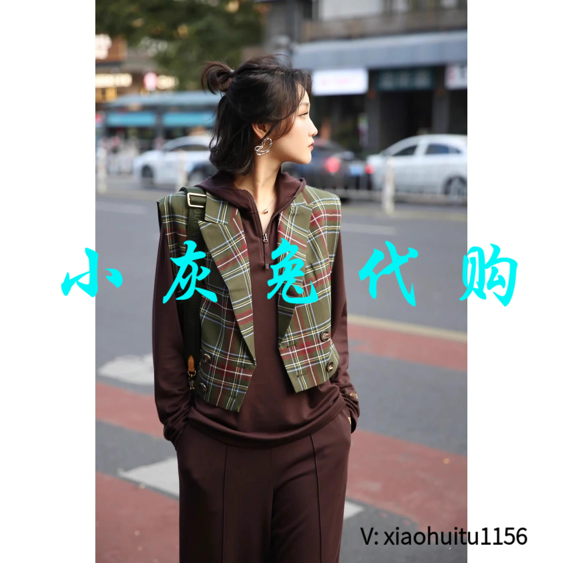小灰兔正品代购西装领格子马甲