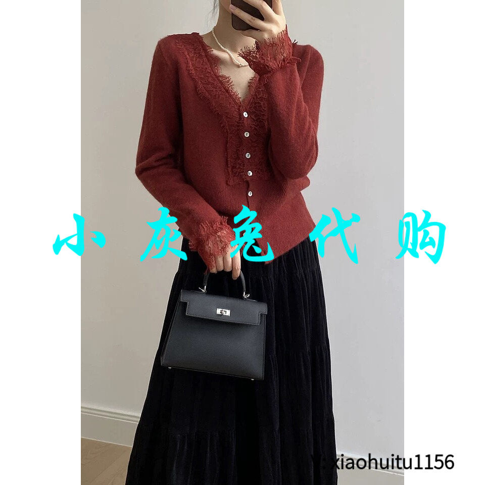小灰兔专柜正品代购2026秋季新款蕾丝V领拼接针织开衫1397780