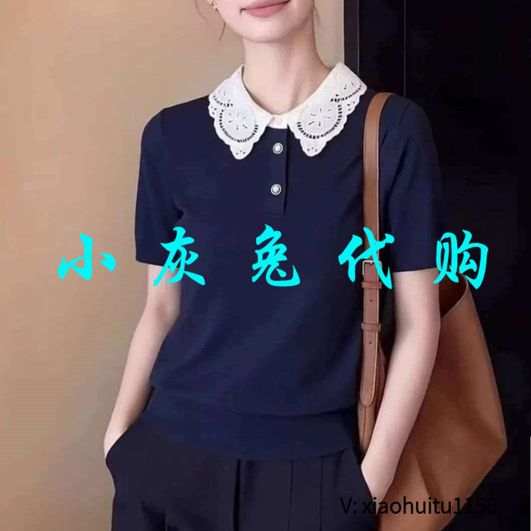小灰兔专柜正品代购 蕾丝翻领短袖T恤女遮肉显瘦针织POLO衫