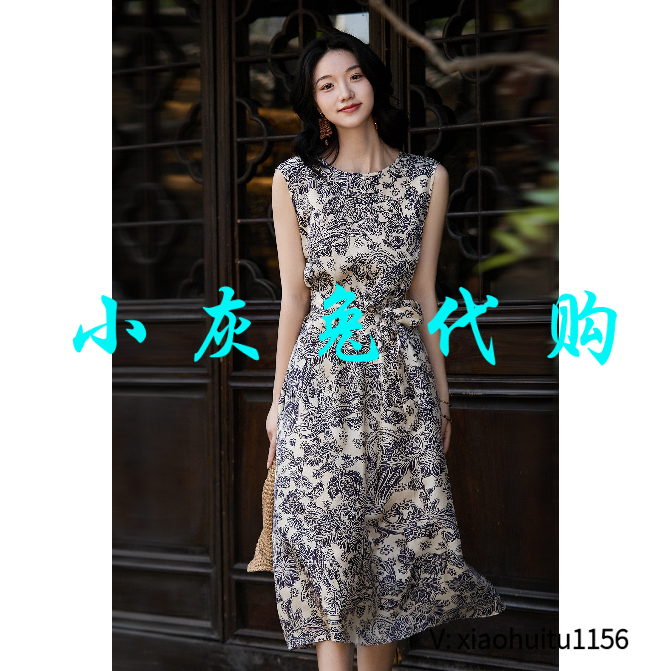 小灰兔专柜正品代购2026夏季收腰青花瓷无袖连衣裙1500A3-47543