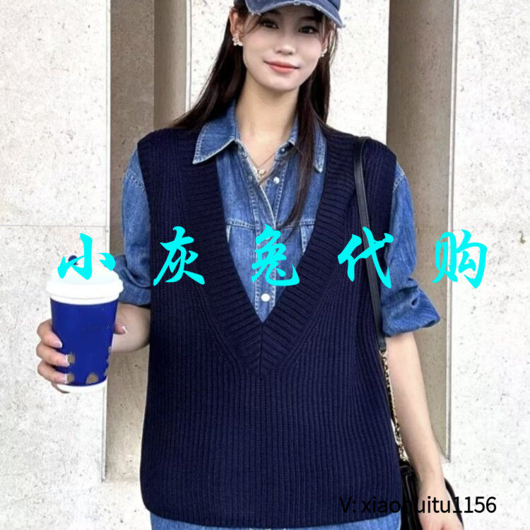 小灰兔正品代购2026秋新款藏青色宽松叠穿V领羊毛针织马甲5399678