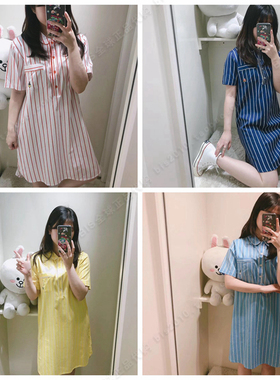 现货韩国BTS防弹少年团 BT21显瘦短袖长款衬衫领连衣裙睡裙家居服