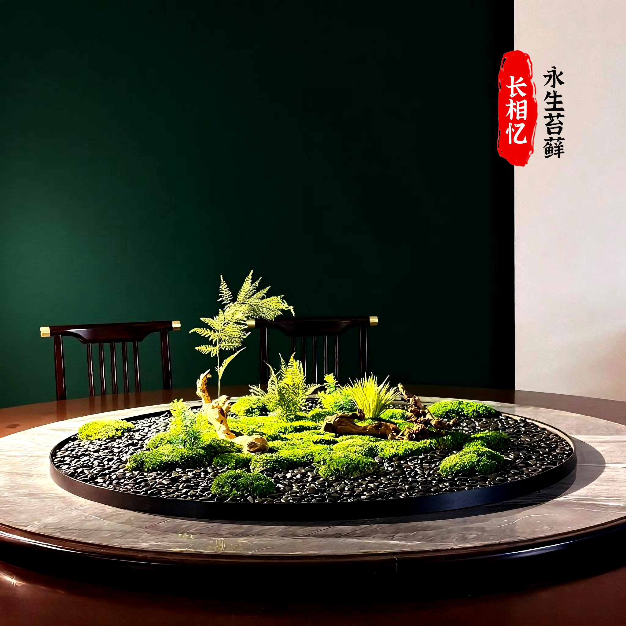 酒店会所大圆餐桌中间转盘仿真套装微绿植景观摆件室内装饰假花艺
