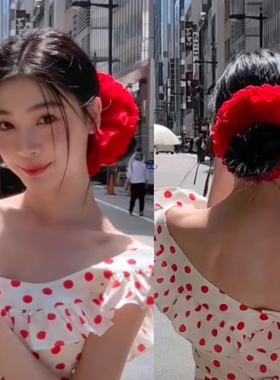 易梦玲同款蕃茄色大肠发圈显白挺括面料手工布艺法式红色玫瑰发绳