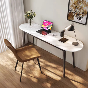 岩板桌简约现代椭圆形电脑桌子白色桌面家用卧室办公桌书桌带支架