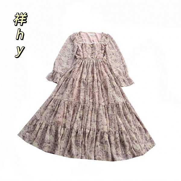 温柔风小碎花连衣裙女长袖V领收腰松紧腰中长裙百搭B1