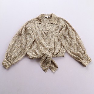 田园风碎花薄透系带衬衫 翻领复古上衣A1 女灯笼袖