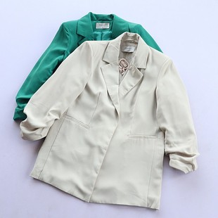 百搭时尚 修身 通勤西服D3 垫肩外套女九分袖 春秋得体风绿色西装