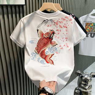 欧洲站时尚潮牌轻奢男T恤纯棉短袖鲤鱼印花网红爆款圆领半袖体恤
