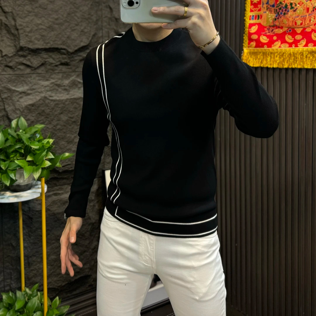 2025秋冬季新款高品质拼接线条纹长袖针织衫男修身轻奢上衣打底衫