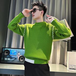 假两件针织衫 绿色毛衣男潮牌加厚打底衫 秋冬季 内搭2024新款 帅 长袖