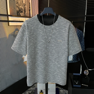 T恤男 百搭半袖 轻奢重磅黑白鳞条纹圆领纯棉短袖 ins潮流小绣标男士