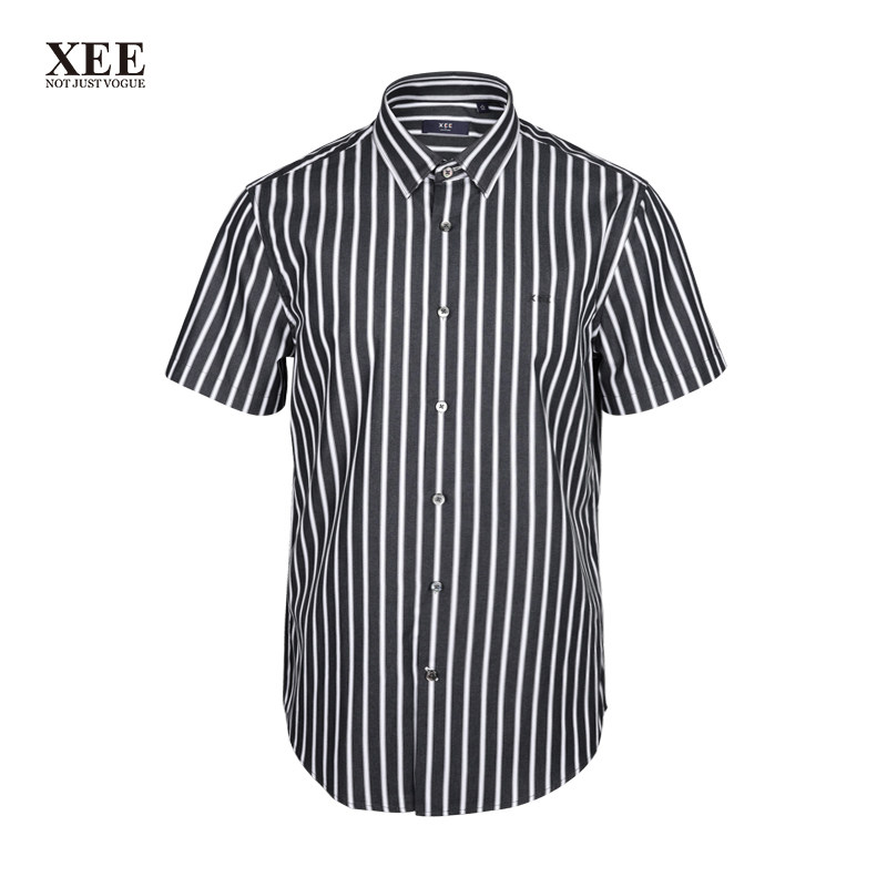xee商场同款 男士黑白竖条纹上班简约短袖衬衫纯棉低调沉稳衬衣夏
