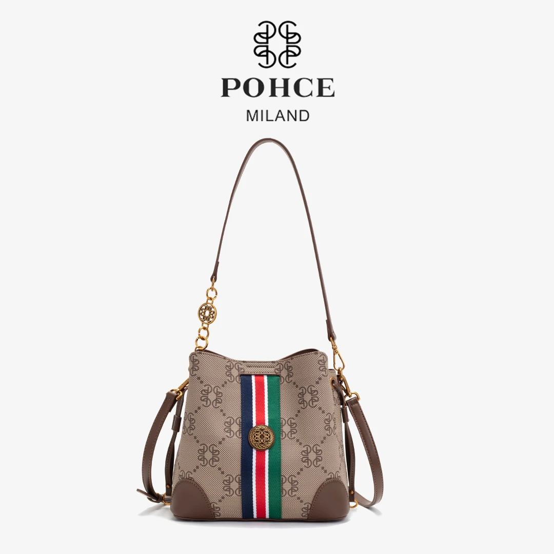 POHCE正品复古水桶包单肩腋下包时尚百搭斜挎包25054#棕色