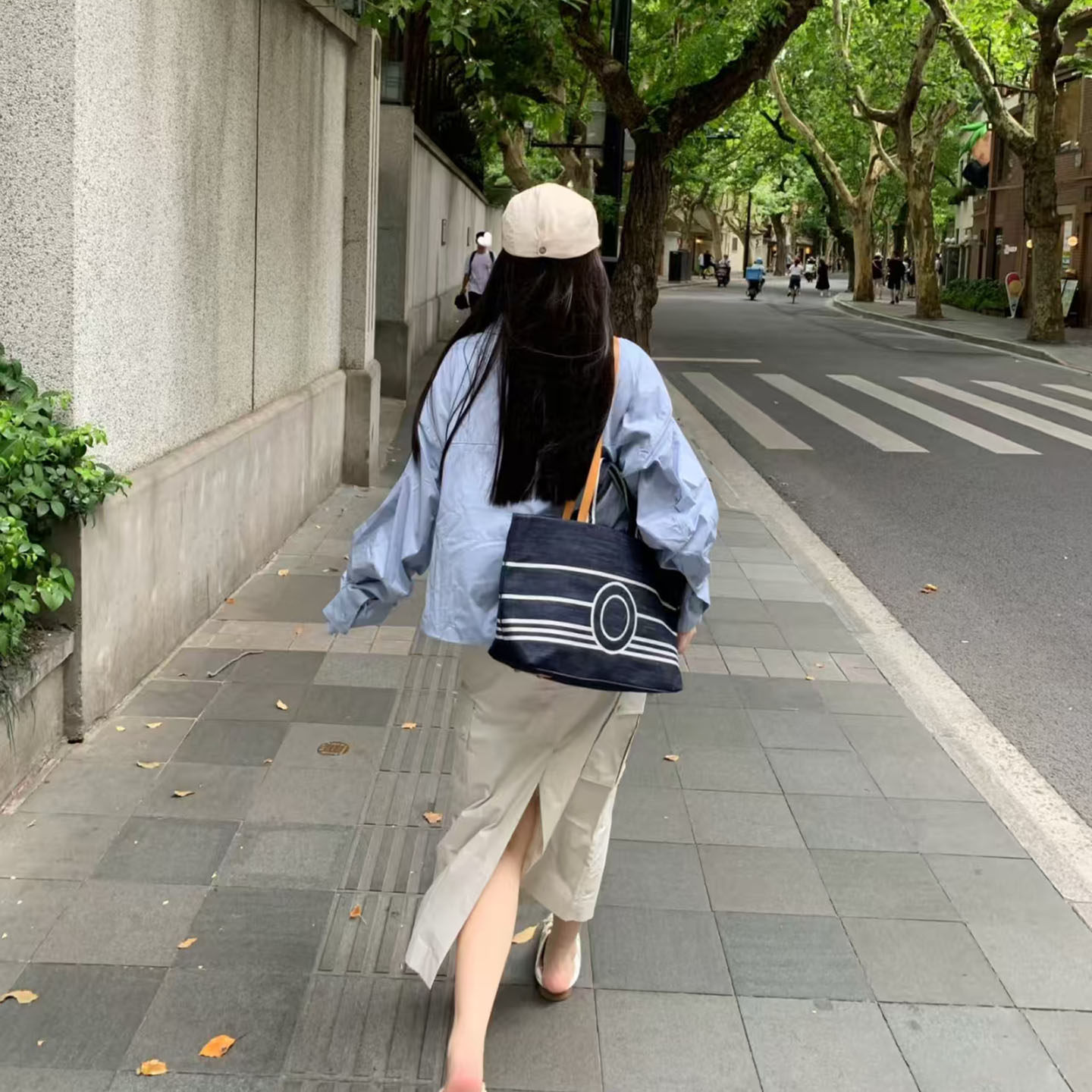 条纹帆布大容量手提单肩托特包