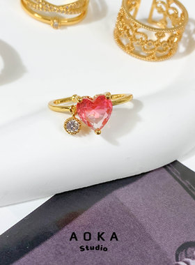 福利包邮法式浪漫锆石粉爱心镶嵌戒指铜镀金开口可调节指环女甜酷