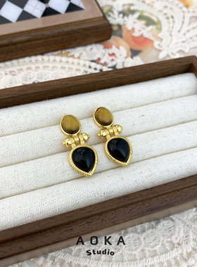 复古小众设计几何水滴灵动虎眼黑玛瑙925银针耳钉耳饰女vintage