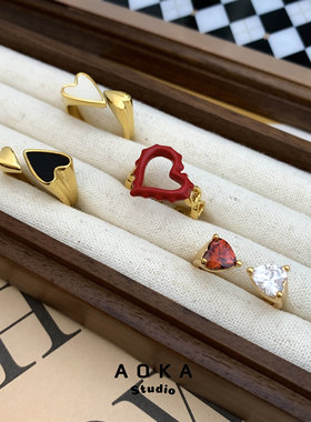 复古ins风爱心系列滴油白贝母锆石戒指素戒高级个性气质通勤百搭