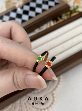 冬日小精致复古宫廷风铜镀金黑手工珐琅红绿色宝简约开口细戒戒指