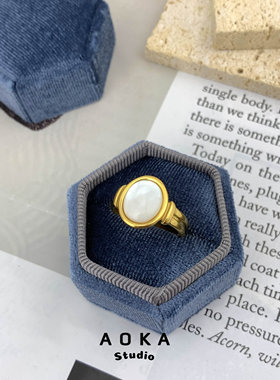 欧美小众设计天然石贝壳贝母镶嵌钛钢镀金戒指简约大气复古饰品