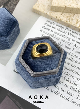 轻奢欧美小众设计天然石黑玛瑙钛钢镀金戒指黑金简约通勤饰品女