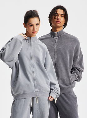 430G重磅纯棉毛圈面料 水洗做旧蜡染 美式街头宽松立领拉链夹克