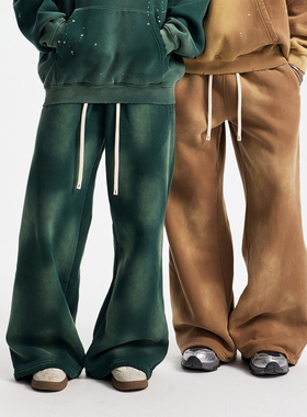 360G加绒面料 美式喷染水洗做旧喷马骝多巴胺BAGGY宽松阔腿卫裤