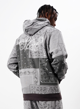 复古美式街头拼接腰果花图案 纯棉毛圈料连帽套头卫衣 男女帽衫