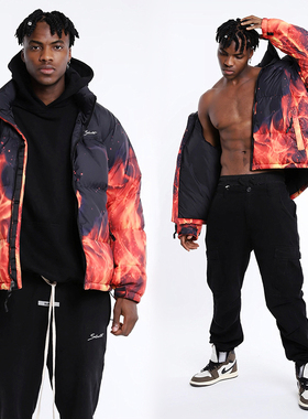 断码特卖 美式街头男女款 隐形帽立领 拉链宽松火焰羽绒服 面包服