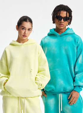 360G加绒面料 美式多巴胺色喷马骝水洗做旧 割破破洞宽松连帽卫衣