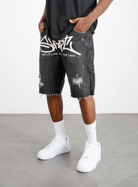 美式街头风 涂鸦印花图案 水洗磨白 破坏破洞剪边牛仔短裤