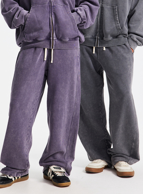 430G重磅纯棉毛圈料基础款 水洗做旧蜡染 平口宽松直筒休闲卫裤