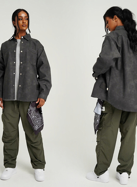 断码特卖 复古美式街头风 水洗做旧重磅PU皮宽松工装衬衫