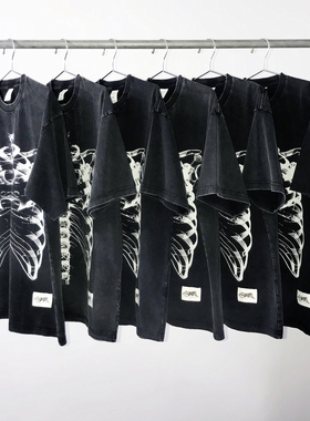 250G纯棉 复古美式水洗做旧破坏磨边 骷髅骨骼印花宽松短袖T恤