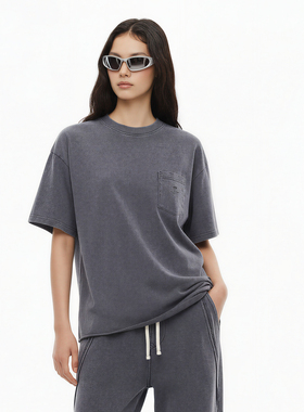 275G双纱纯棉 美式复古卷边水洗做旧磨边割破破洞口袋宽松短袖T恤