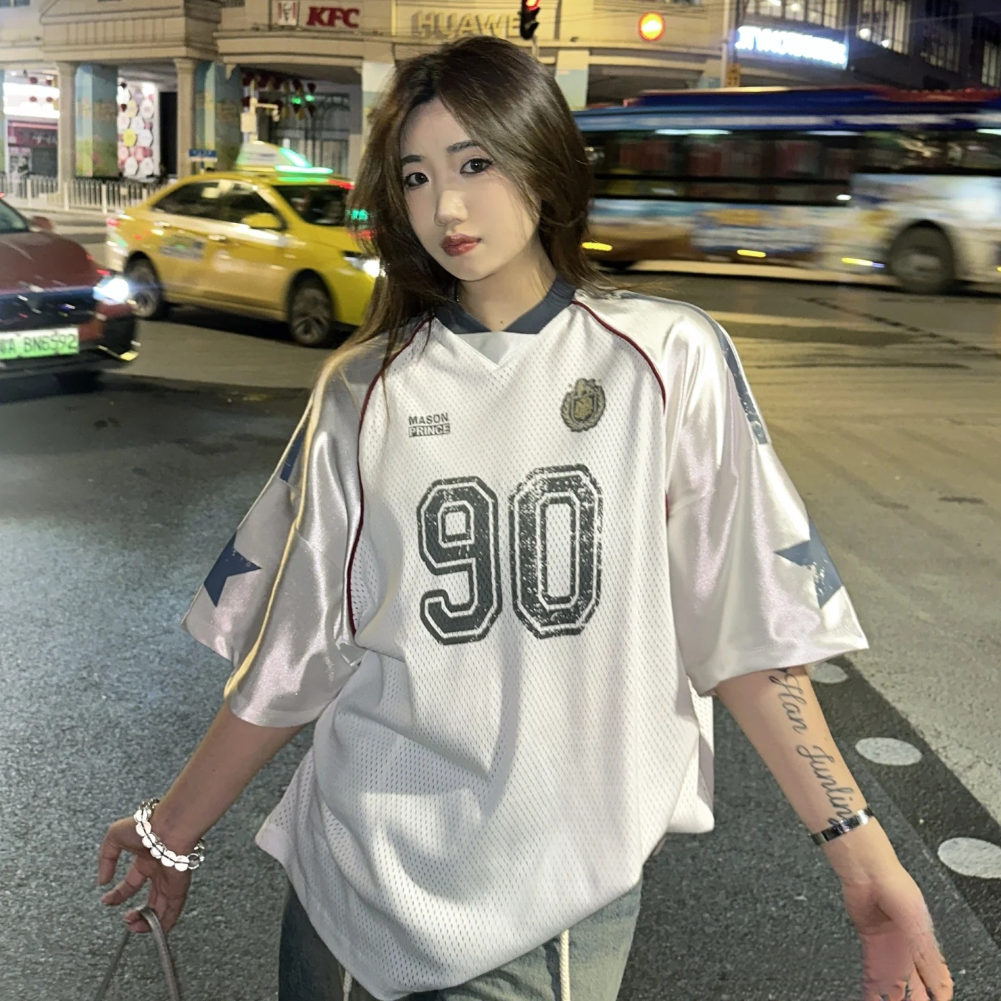 美式橄榄球球衣风网面短袖T恤男女同款夏季潮牌运动宽松半袖上衣